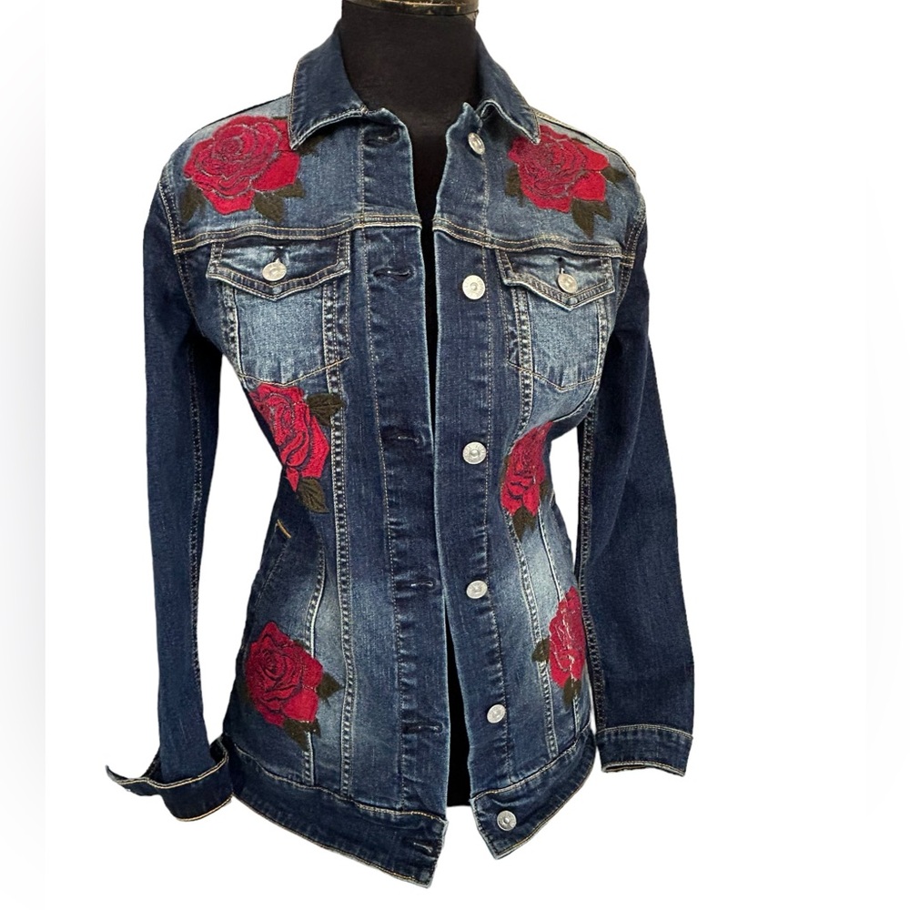 17. LuLaRoe Jean Jacket Jaxon Women’s Rose Embroidered Blue Denim Button XS